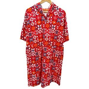 Stan Herman Red‎ Geometric Hooded Pullover Lounger Dress Medium 100% Cotton